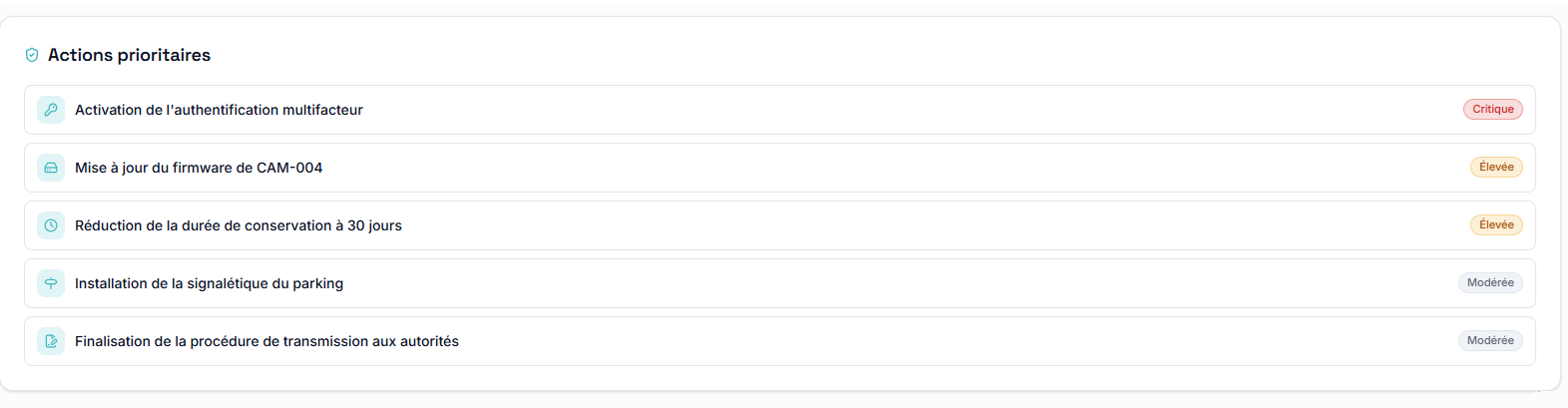 Liste fictive des actions prioritaires avec leurs niveaux de criticité.